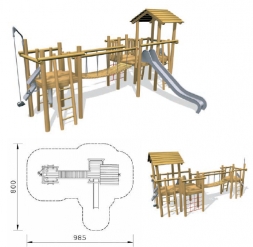 Деревянный городок для игр с песком и горкой из нержавейки, фото 1